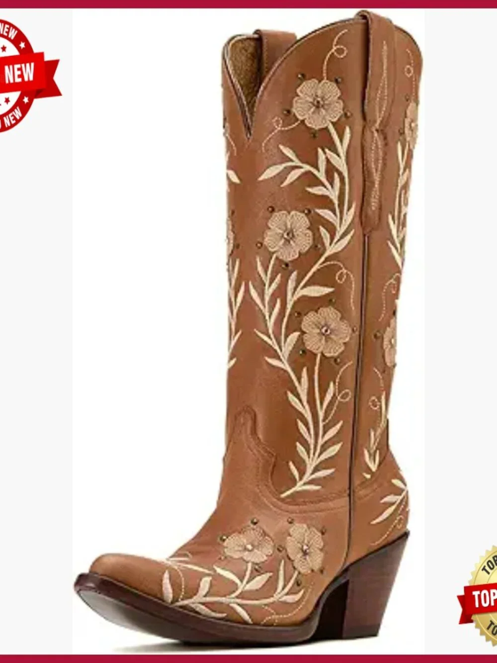 Knee High Cowboy Boots with Pearl Embroidery Chunky Heel Pull On Western